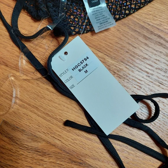 Hot & Delicious Black Mesh Bedazzled Rhinestone Festival Bikini Top Medium NWT - Picture 7 of 9